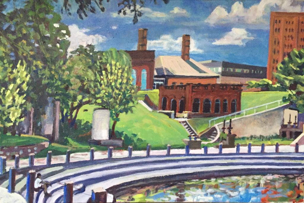 Allen’s Landing view of UH Pump Station. 24x36” acrylic on canvas by Arthur Deatly