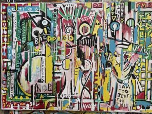 Untitled mixed media painting by Dean Snider, showcasing his vibrant abstract style with layered colors and textures -IMG_3302