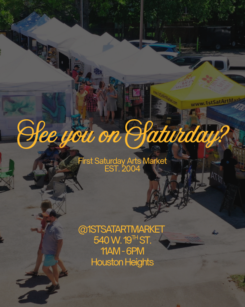 Busy outdoor art market with white and yellow tents, original artwork on display, visitors walking and relaxing, and a cyclist passing through at First Saturday Arts Market in the Houston Heights.