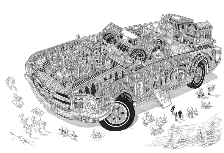 Mustang – print of pen & ink drawing. An oversized Mustang sports car carries beach goers to the coast.