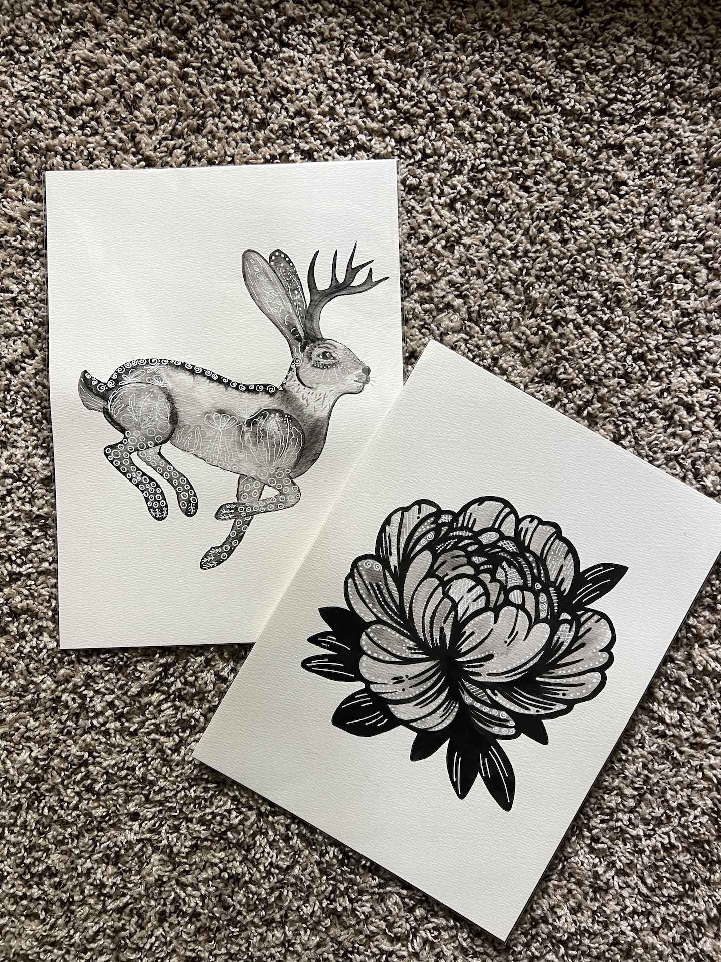 Jackalope and Peony 

From “Black Watercolor” series. 
Size 9x12 each