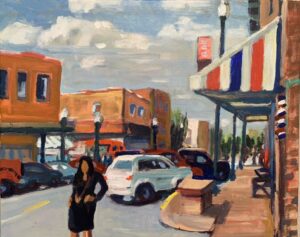 Downtown Conroe during German Fest” 16x20” acrylic on canvas by Arthur Deatly