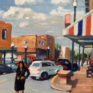 Downtown Conroe during German Fest” 16x20” acrylic on canvas by Arthur Deatly