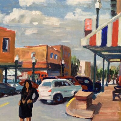 Downtown Conroe during German Fest” 16x20” acrylic on canvas by Arthur Deatly