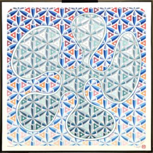 Energetic, an acrylic ink geometric abstract by M Kelly Olsen, with interlocking rounded forms over a repeating star pattern in blue, teal, red, and orange.