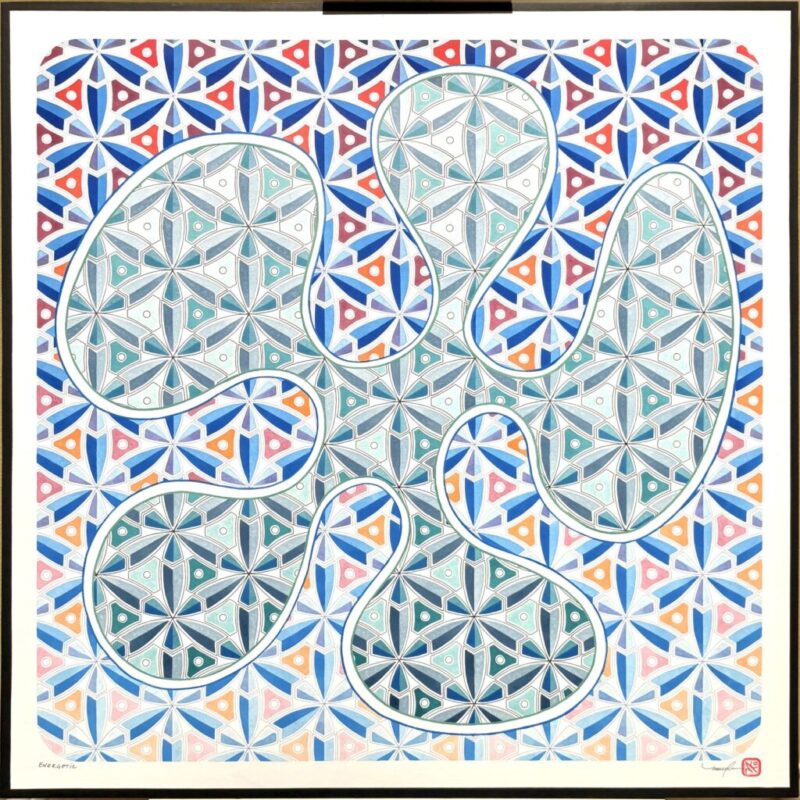 Energetic, an acrylic ink geometric abstract by M Kelly Olsen, with interlocking rounded forms over a repeating star pattern in blue, teal, red, and orange.