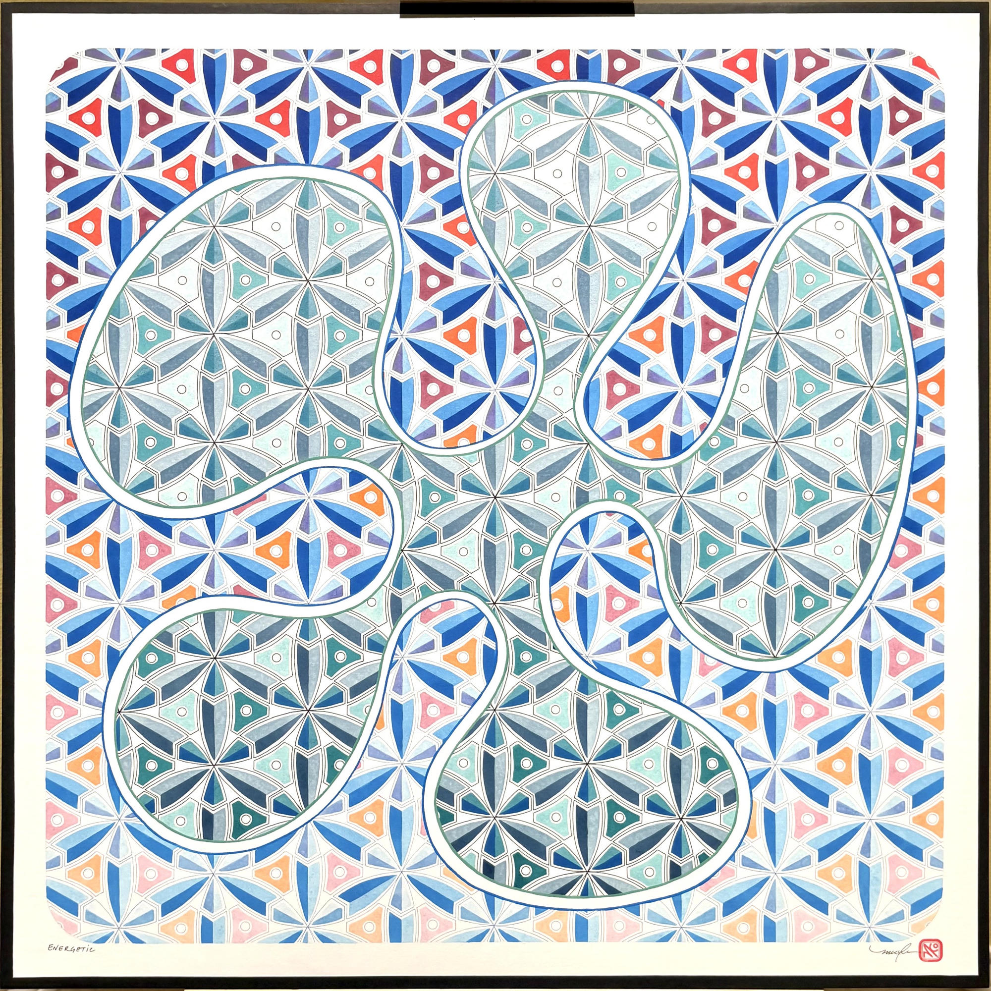 Energetic, an acrylic ink geometric abstract by M Kelly Olsen, with interlocking rounded forms over a repeating star pattern in blue, teal, red, and orange.