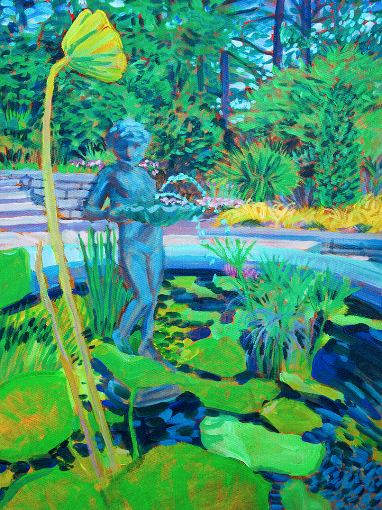 "Duke Gardens Fountain" Acrylic on Canvas, 18×24 in A peaceful moment captured at Sarah P. Duke Gardens, Durham, NC. The gentle flow of water, lush greenery, and timeless charm of this iconic fountain. Painted by Faith Leskowitz