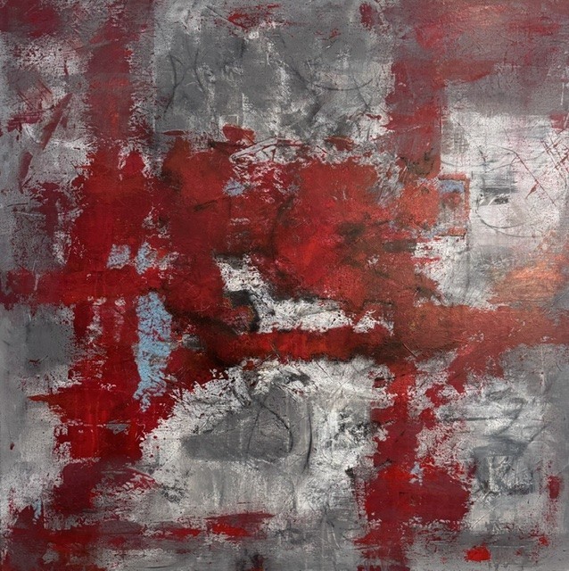 The Bridge Between, framed 48"x48" mixed media on canvas. An original abstract exploration of movement, texture, and the tension between structure and erosion
