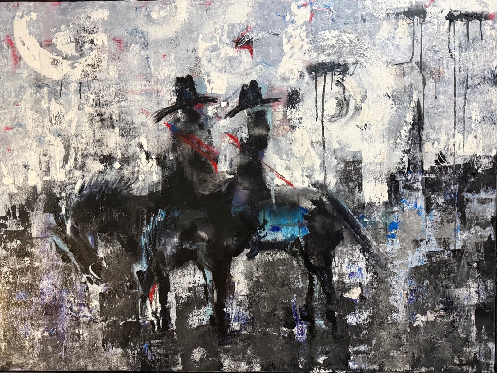Expressionist painting by Silviana Zub of two riders on horseback under a moon
