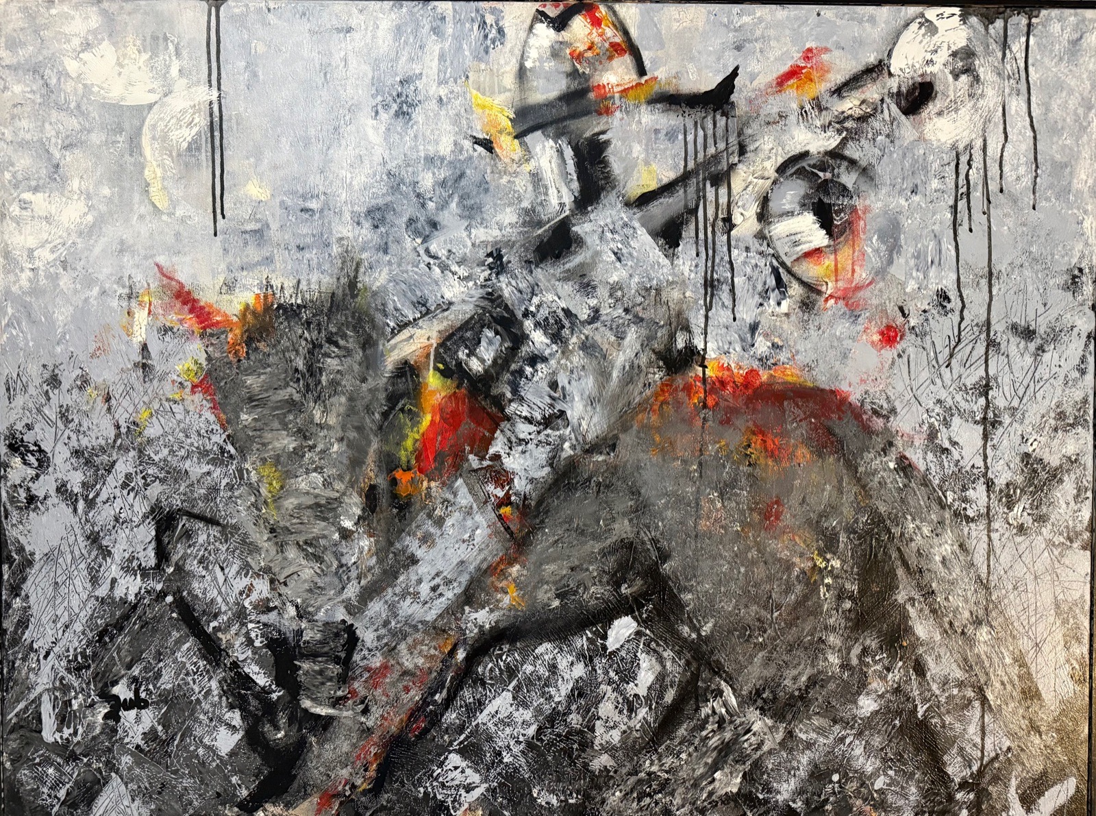 Silviana Zub painting of a rider on a horse with dripping gray and red marks