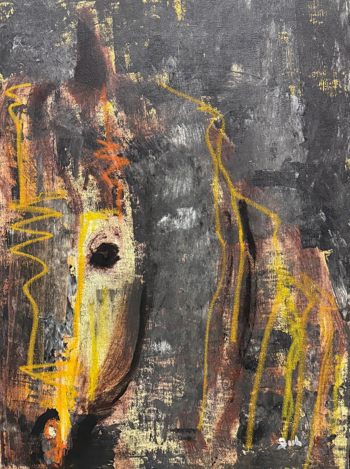 Horse head painting by Silviana Zub with yellow line drawing over dark ground