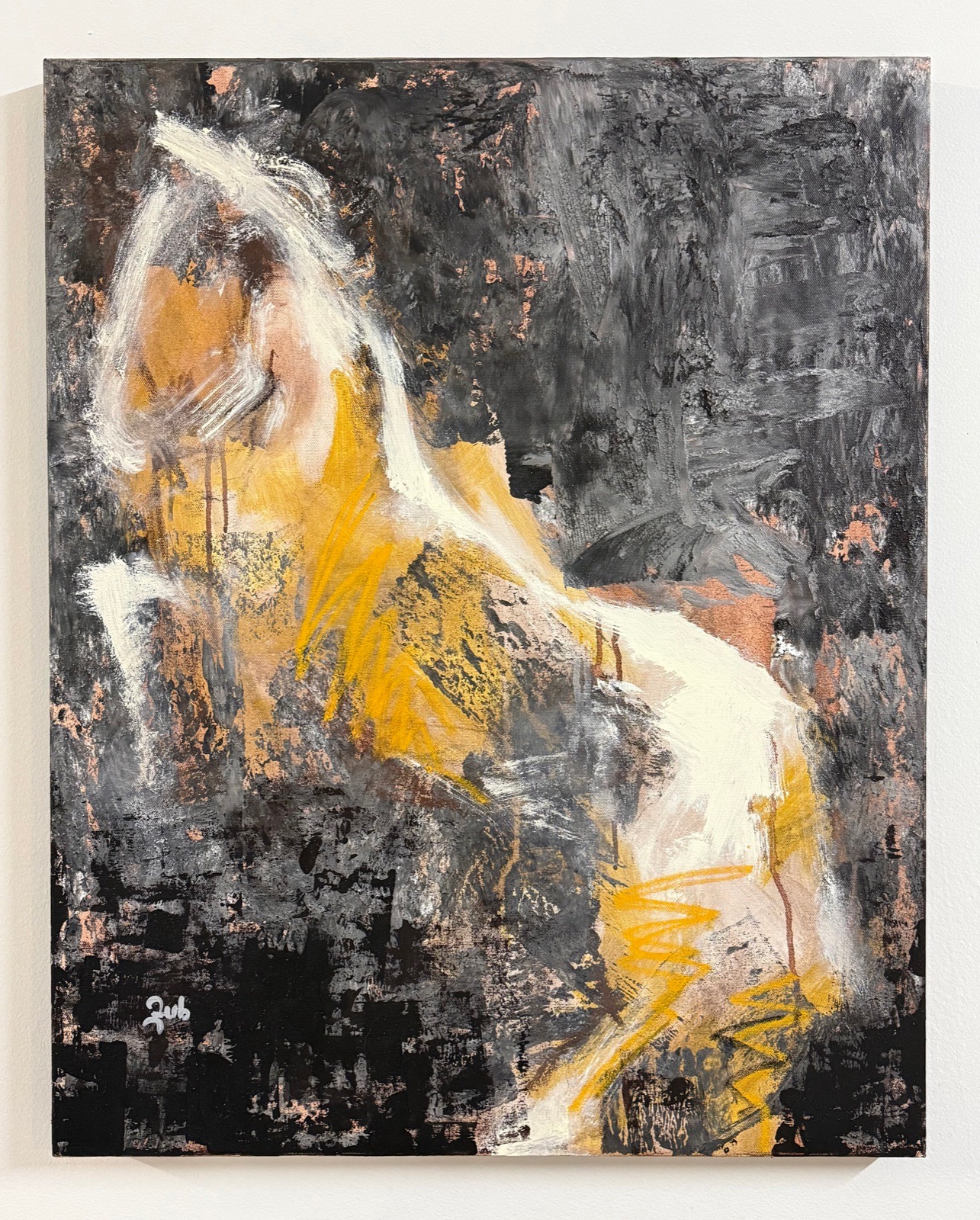 Rearing gold horse on a dark field, painting by Silviana Zub