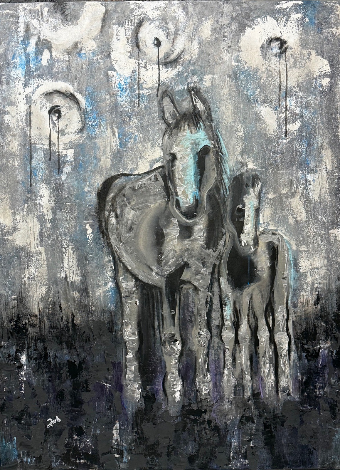 Two horses standing in gray mist, painting by Silviana Zub