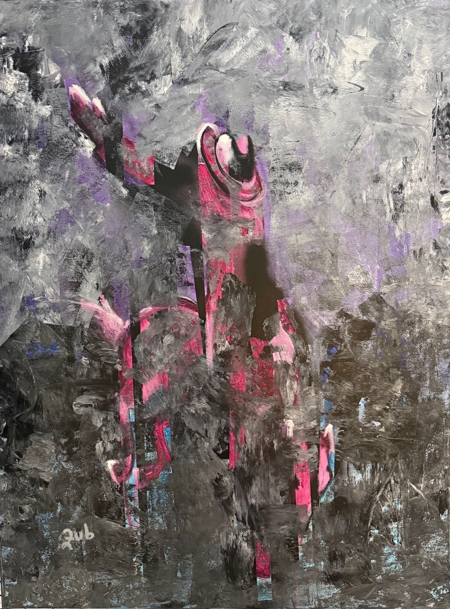 Figure with arms raised in pink against a gray ground, painting by Silviana Zub